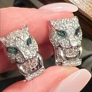 Silver and Green Panther Head Clip-On Earrings